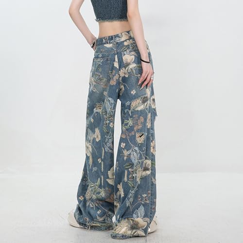 Women's Ripped Jeans High Waisted Baggy Boyfriend Jeans Distressed Vintage Floral Printed Wide Leg Denim Pants3