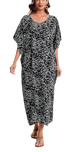 Beautybatik Boho Animal Stripe Print Plus Size Women Kimono Kaftan Maxi Long Sleeve Beach Cover Up Loungewear Dress XL to 4X