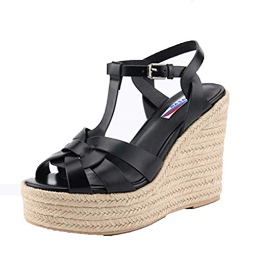 Zapatos De Tacón Alto con Punta Abierta para Mujer Correa De Tobillo Cuña Zapatos De Muffin Bohemia Plataforma Bombas Simples Sandalias De Playa con Correa En T De Fondo Grueso