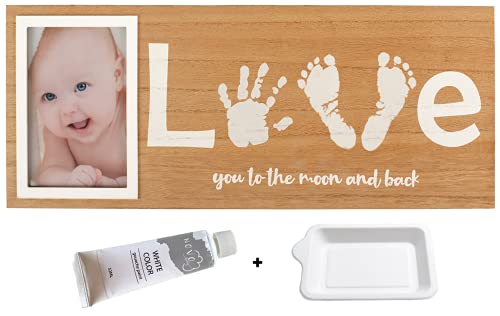 Baby Footprint & Handprint Photo Frame Kit | Includes White Paint and Paint Tray | Newborn Keepsake Frame | Foot & Hand Impression (17 x 7 Inches)