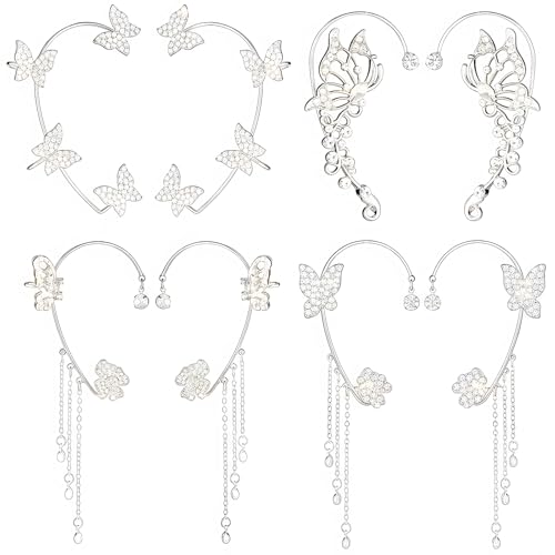 Yaomiao 4 Pairs Butterfly Earrings Ear Cuffs Glitter Rhinestone Butterfly No Piercing Ear Clip Wrap Around Earrings for Women Girls Show, Wedding, Party, Halloween Accessories