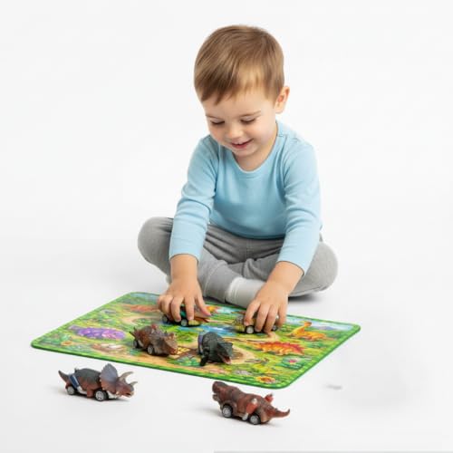 Image of Lefan Dinosaur Educational for 3 4 5 6 7 8 Years Old Boys Girls Kids Gifts 6 Dino Figure Dinosaur Toy Car Set with Dino Park Play Mat 6 Pull Back Dinosaur Cars for Kids Activity Play Set Gift Toy