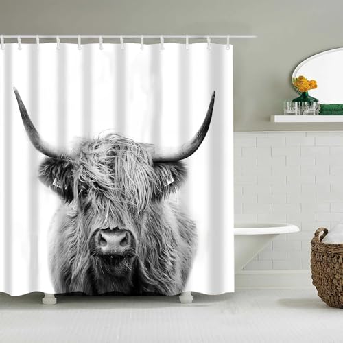 AASIRA Grau Kuh Duschvorhang Anti-Schimmel 120x180 Badezimmer Badewanne Wasserdichter Duschvorhänge Schwarz-Weiss Polyester Textil Waschbar Badvorhang mit 12 Duschvorhang Hake C457