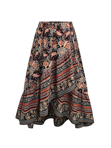 Women's Plus Size Vintage Floral Long Skirt Boho Elastic Waist Asymmetrical Flowy Vacation Skirts
