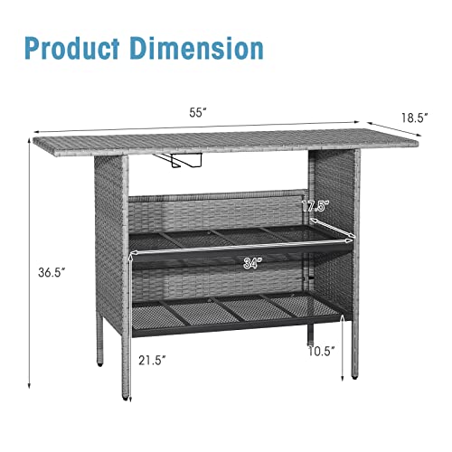 Tangkula-Outdoor-Wicker-Bar-Table-Patiojoy-All-Weather-Patio-Bar-Height-Table-with-2-Metal-Mesh-Shelves-2-Rail-Steel-Stemware-Racks-Rattan-Bar-Counter-Table-for-Backyard-Poolside-Mix-Grey Tangkula Outdoor Wicker Bar Table Patiojoy All Weather Patio Bar Height Table with 2 Metal Mesh Shelves 2 Rail Steel Stemware Racks Rattan Bar Counter Table for Backyard Poolside Mix Grey