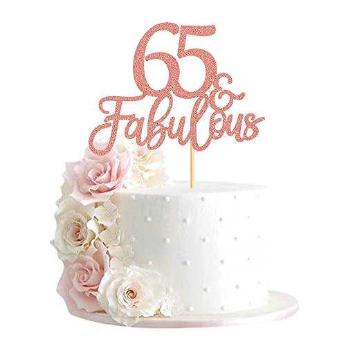 Blumomon 3Pcs 65 & Fabulous Cake Topper Rose Gold Glitter Cheers to Happy 65th Birthday Cake Toppers Sixty Five and Fabulous Cake Pick Decorations for 65th Wedding Anniversary Birthday Party Supplies