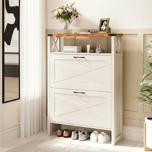 LEADZM Meuble à Chaussures à 2 Portes, Compartiment Ouvert, Placard de Rangement Étroit, pour Entrée, Style Campagne, 80 x 25 x 115 cm, Blanc Rustique