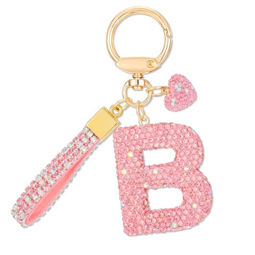 MWOOT Llaveros de Coche Rosados Regalo para Mujeres Niñas Llavero con Letra Inicial Llaveros Bling Colgante con Letra para Monedero Mochila Bolso Dijes, Letra B