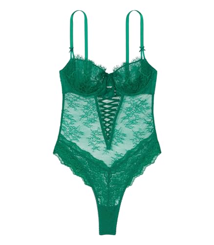 Victoria's Secret Unlined Wicked Lace Up Teddy, Sexy Lingerie, One Piece Bodysuit, Shapewear, Green (XL)