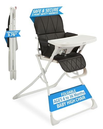 Image of Primo PopUp Folding High Chair (for Baby Age 6 to 36 Months) Black Folding Beach Chair Style High Chair with Removable Dishwasher Safe Tray, 3pt Safety Harness, Leatherette Seat – Space Saving Design