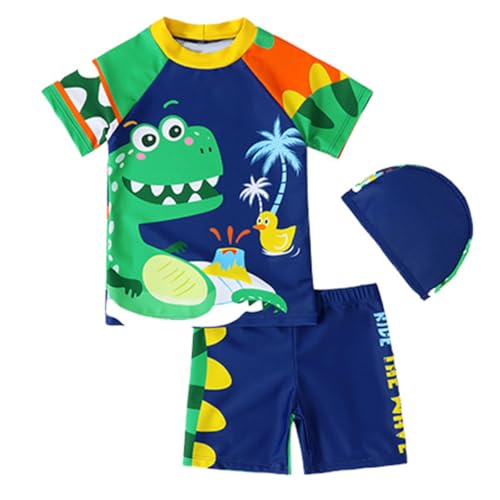 LUVCES Traje de Baño para Ninos Conjunto de 3 Piezas Estampado Dinosaurio/Tiburón Camiseta + Trusa para Nadar + Gorro Bañador Piscina Rashguard 3Pcs Dinosaurio 5-6 Años
