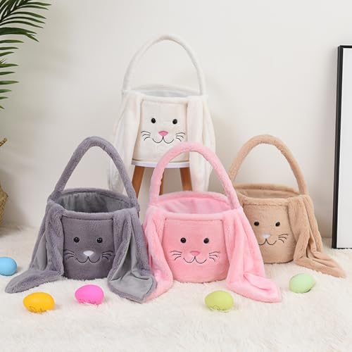 Image of Plush Easter Bunny Basket Bags for Kids, Rabbit Bucket Tote with Long Fluffy Ears, Cute Egg Hunts Party Storage Candy Gifts Carry Bucket Decorations (White + Pink)