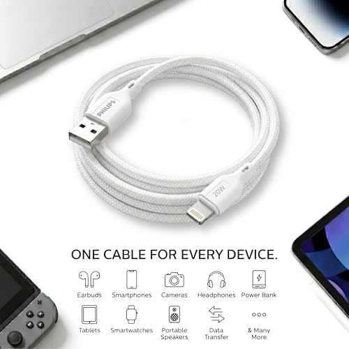 Image of PHILIPS DLC4150VW /94 20W iPhone Original Type-A to Lightning Fast Charging Cable (1.5m, Bright White) | MFi Certified | 480Mbps | Nylon Braided | Compatible with iPhone & Other Lightning Devices