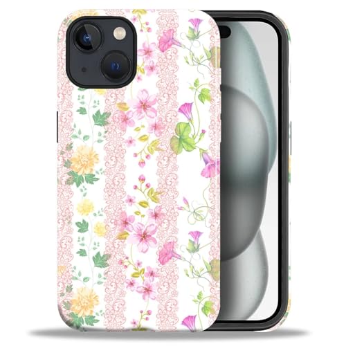 ANLUN STORE Case for iPhone 15,Hybrid Dual Protection Soft TPU + Hard PC Shockproof Cover, Anti-Scratch & Slim Protective for Men Women Case Pink Lace Blushing Florals Design