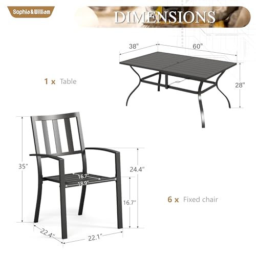 Image of Sophia & William 7-Piece Patio Dining Set for 6, 60.2 inch Metal Outdoor Table with Umbrella Hole & 6 Stackable Chairs