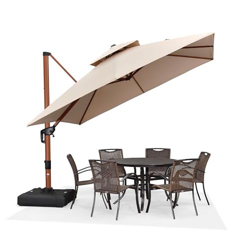 PURPLE LEAF Alu Sonnenschirm Groß Ampelschirm 300 x 300 cm Holzoptik Doppeldach Gartenschirm mit Kurbel 360° Drehbar XXL, Sonnenschutz UV50+, Beige