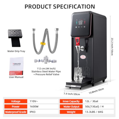 Image of Hot Water Dispenser, 1600W Commercial Hot Water Boiler, 50L(13Gal) /H Large Hot Beverage Dispenser with 304 Stainless Steel Inner, HD LED Screen for Hotels, Restaurants, Bars 12L