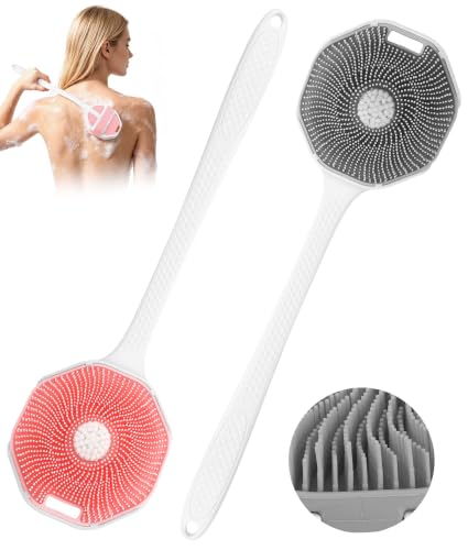 Image of EaTubano Long Handle Body Scrubber for Shower, Silicone Back Scrubber with Foaming Pad & Tornado Design, Exfoliating Loofah with Handle for Deep Clean, Shower Essentials for Men Women, 2 Pack