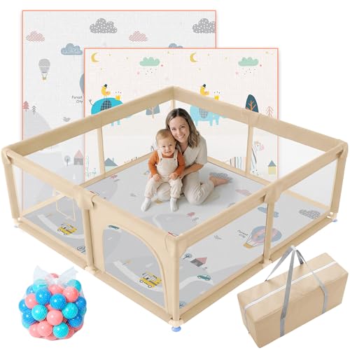 JUPPLIES Parque Infantil Bebe 120x120cm + Alfombra Bebe + 50 Bolas + Bolsas de Transporte | Corralito Bebe con Malla Transpirable (Beige)