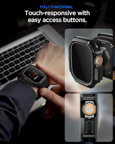Image of Spigen for Apple Watch Ultra 3 /2 /1 Case, Rugged Armor Cover with Touch Sensitive Tempered Glass Screen Protector Durable Protective TPU Flexible Shock Proof Military Grade Bumper - Matte Black
