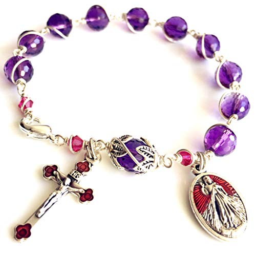 elegantmedical Silver Wire Wraped UNDOUBTED AMETHYST Crystal BEAD BRACELET ROSARY CROSS CATHOLIC