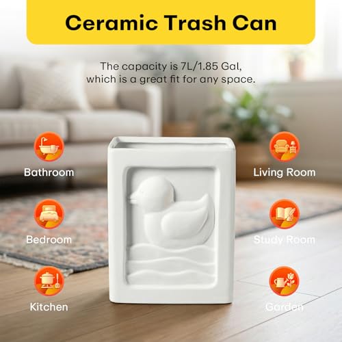Image of Trash Can - 7L /1.85Gallon Ceramic Waste Basket, Paint-Your-Own Small Garbage Can for Kitchen /Bathroom /Bedroom /Office, White Duck Decor Trash Bin