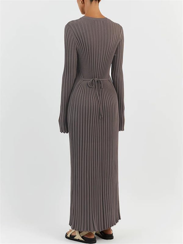 Argeousgor Casual Knit Long Sleeve Maxi Dress for Women Crew Neck Ribbed Bodycon Midi Dress Fall Winter Sweater Long Dress