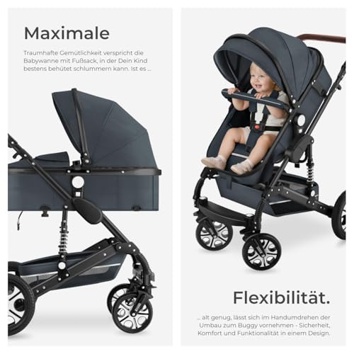 tectake® 2 in 1 Kinderwagen, klappbarer Kinderwagen Buggy mit Liegefunktion, mit Fußsack Buggy, Buggy mit Getränkehalter, herausnehmbarer Babywanne und Regenschutz - anthrazit