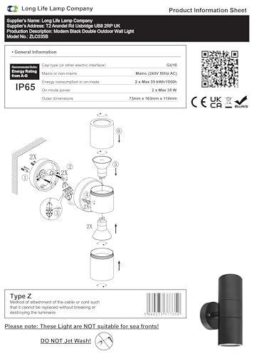 Long Life Lamp Company Black Stainless Steel Double Wall Light IP65 Up Down Outdoor Wall Light ZLC035B 10 Long Life Lamp Company Black Stainless Steel Double Wall Light IP65 Up Down Outdoor Wall Light ZLC035B - Image 10