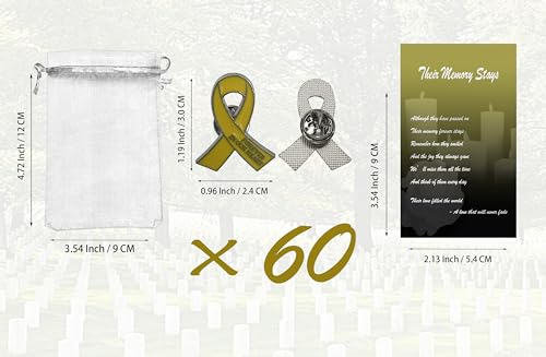Image of 60 Set Funeral Ribbon Pins Memorial Pin Forever in Our Hearts Lapel Pin Remembrance Brooch with Prayer Cards & Organza Bags