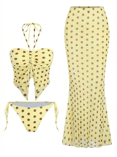 Image of ZAFUL Women 3 Piece Bikini with Cover Up Skirt Halter Bandeau Swimsuit Floral Tie Side Cheeky Bathing Suit