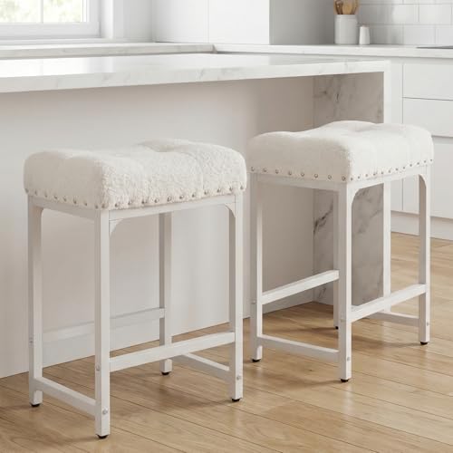 Image of Counter Height Bar Stools Set of 2, 24 Inch Bar Stools for Kitchen Counter, White Boucle Saddle Backless Barstools, Modern Counter Stools Kicthen Island Stools, Off White