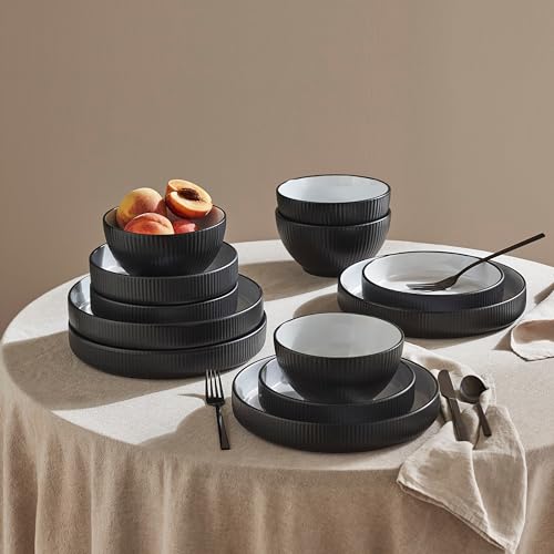 Image of Christian Siriano Larosso 12-Piece Stoneware Dinnerware Set with Dinner Bowls and Pasta Bowls, Plates and Bowls Set, Dish Set for 4, Black