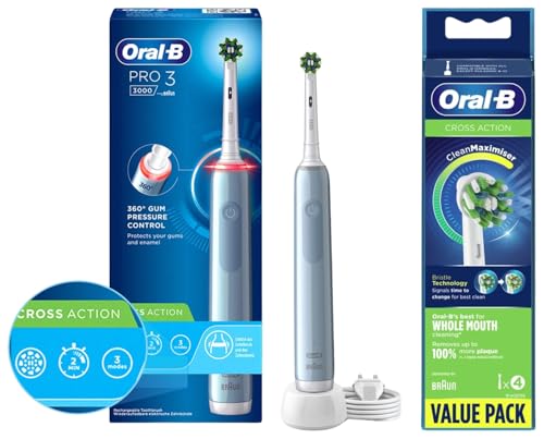 Image of Oral-B Pro 3 Electric Toothbrush, Rechargeable,Charger Included, 3 Pressure Modes For Adults & ORIGINAL Cross Action Soft Replacement Brush Heads, Prosmart Series, 4 Refills, Multicolor