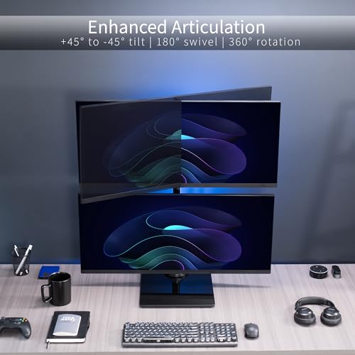 Image of VIVO Dual Monitor Desk Stand with Tempered Glass Base, Free-Standing LCD Mount, Holds in Stacked Vertical Position 2 Ultrawide Screens up to 34 inches, Black, STAND-V002LG