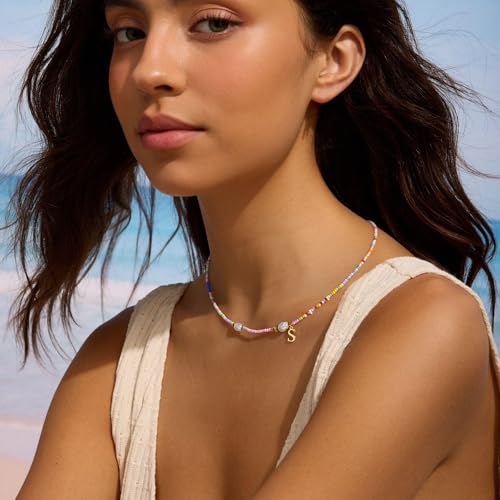 Turandoss Colorful Beaded Necklaces for Women - 14K Gold Plated Boho Initial Pearl Pendent Necklace Trendy - Summer Cute Jewelry Birthday Gifts for Teen Girls3
