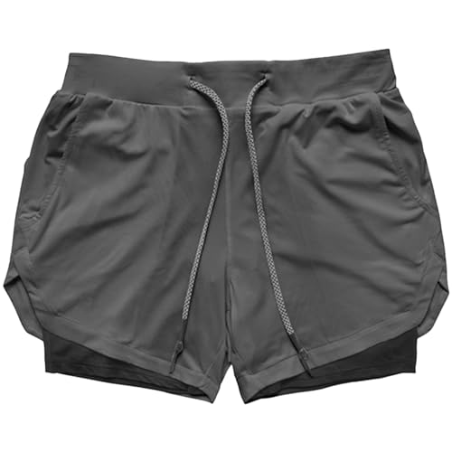 شورت رياضي للرجال من دريس سيسي ببطانة من الياف الحليب، شورت رياضي برباط سحب للرجال، شورت رياضي فضفاض من طبقتين مع 4 جيوب، رمادي، مقاس L: الخصر 29.1 انش، الوزن 60-70 كجم