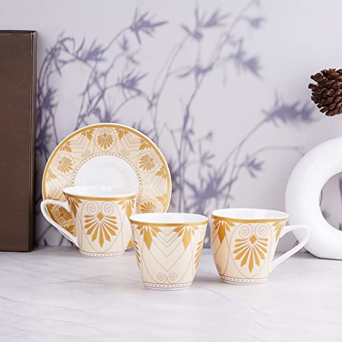 Image of Dandy Lines Alpine Gold Rajasthan Design Cup and Saucer Set, Luxury Tea Set with Saucer, Ceramic, Pack of 12, Microwave & Dishwasher Safe, Great for Hosting & Gifting