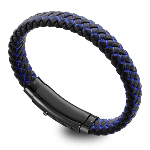 Mens Bracelet,Gifts for Men,Double-Row Black Braided Leather With Black Stainless Steel Jewelry Bracelets for Men, For Dad, Friends, Brother