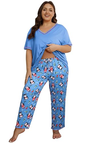 Image of Vozanet Women's Plus Size Pajama Sets Short Sleeve Long Pants Solid Color with Piping Trim Elegant Loungewear Cozy Sleepwear