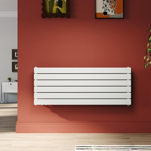 SONNI Design Heizkörper 1200x465mm Weiß 950 Watt, Doppellagig Heikörper flach horizontal Flachheikörper für Bad Seitenanschluss Badheizkörper