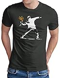 OM3® Banksy Flower Thrower T-Shirt - Herren - Urban Street Art Peace Graffiti Punk Indie Sozial Kritik - Dark Grey, XL