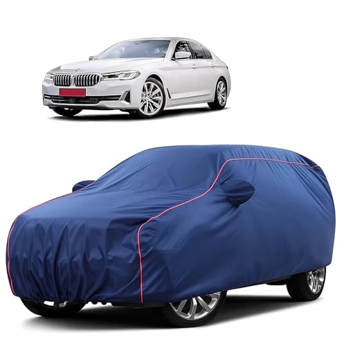 Image of Sulfar 100% Water Resistant Car Body Cover Compatible with Mirror for BMW 5 Series (Triple Stitched, Full Bottom Elastic, Blue Taffeta with Red Piping)