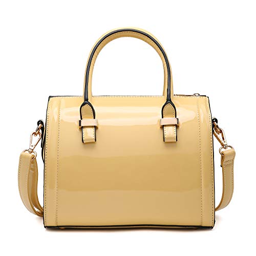 Shiny Patent Faux Leather Handbags Barrel Top Handle Purse Satchel Bag Shoulder Bag for Women(Yellow)