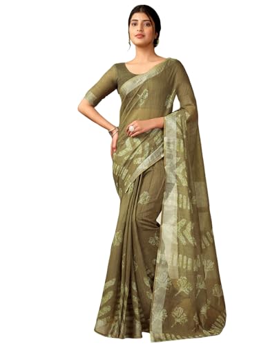 Image of Satrani Women's Linen Printed & Zari Border Ready To Wear One Minute Pre Pleated Readymade Saree with Unstitched Blouse Piece