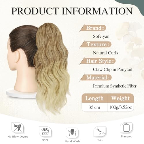 Sofeiyan 14'' Ponytail Extension Curly Clip in Claw Hair Extensions Natural Wavy Looking Synthetic Hairpiece for Women Dark Blonde to Bleach Blonde - Image 2