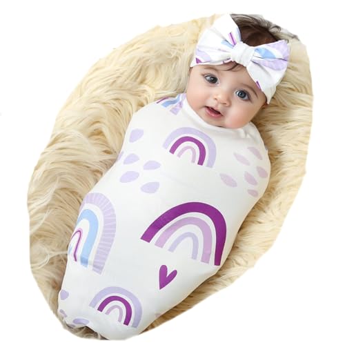 Image of Galabloomer Newborn Receiving Blanket Headband Set Flower Print Baby Swaddle Blankets