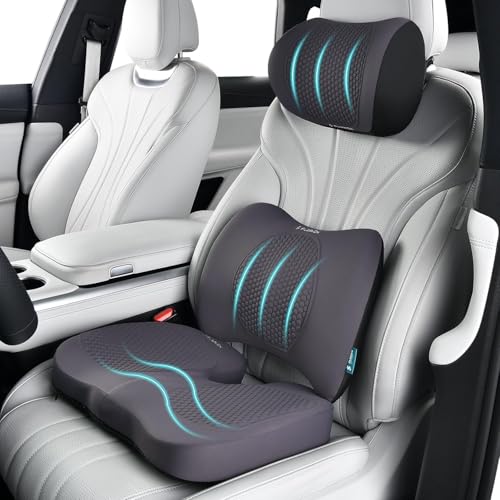 Image of FLORICH 3 PCS Seat Cushion for Carseat Lumbar Support Pillow Car Neck Headrest Pillows Memory Foam Gel Memory Foam Massage Point Seat Pads Pressure Relief Back Cushion for Office Chair(Light Grey)