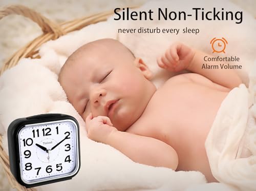 Image of Tinload 5.5 inch Large No Ticking Analog Alarm Clock,Silent Readable for Seniors,Easy to Set,Gradual Rise Alarm,Big Numbers,Gentle Wake,Snooze, Lighted on Demand,Battery Operated(Black-B)