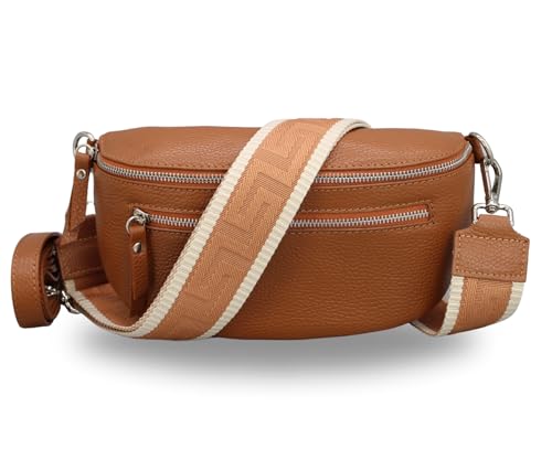 Brise Art Bauchtasche Damen Echtes Leder Lucia Handgemachte Umhängetasche Crossbody Bag mit Ledergurt + Optionalen Breiten Gemusterten Riemen 3 Fächer Stylische Hüfttasche Made in Italy (C.Braun-3)